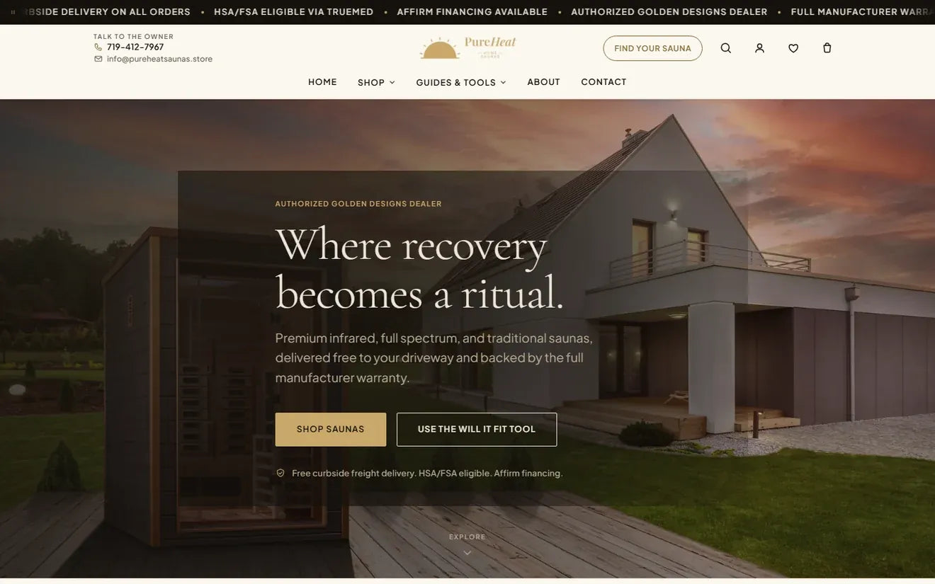 The PureHeat Home Saunas storefront, designed and built by Upstream.